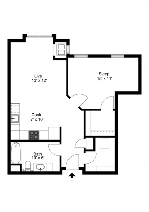 Floor plan for 1 bed, 1 bath, 798 sqft